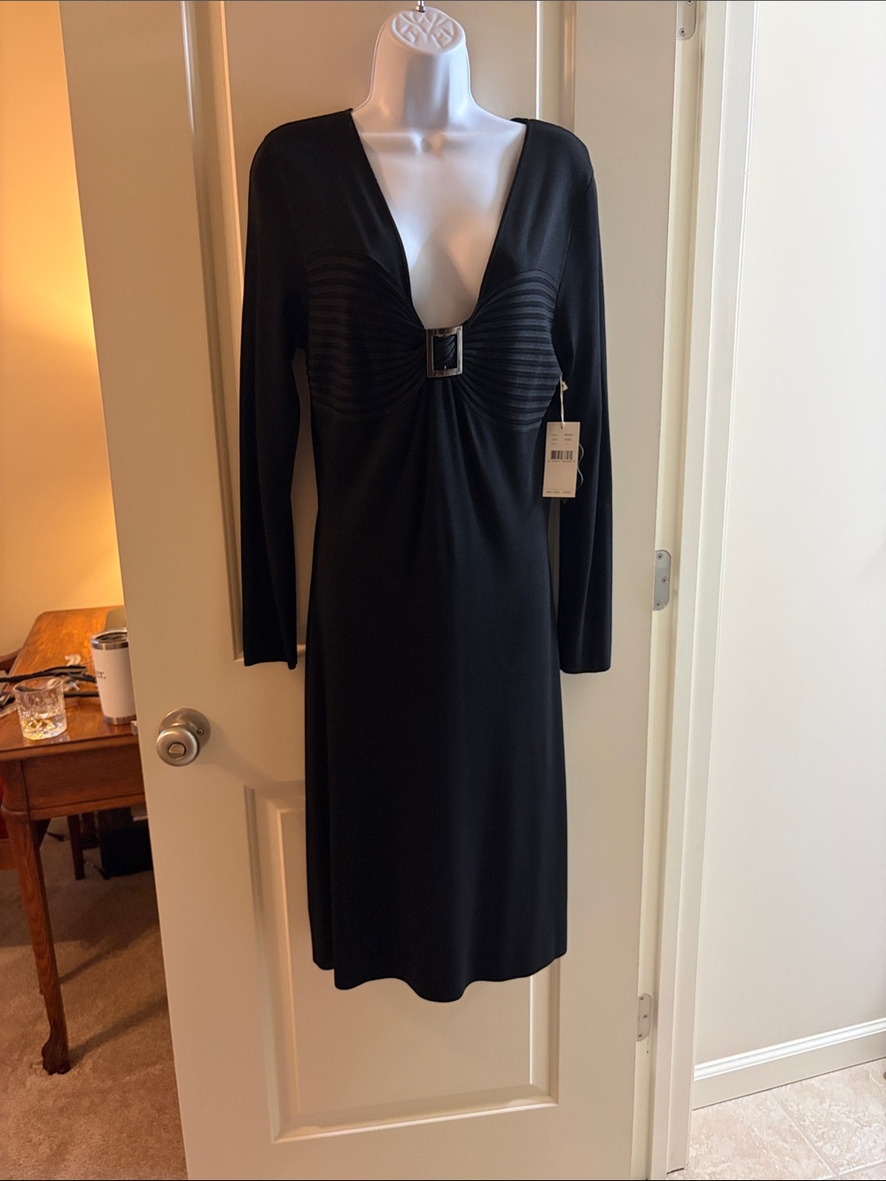 Bisou Bisou Black Long-Sleeve V-Neck Dress with Buckle Detail